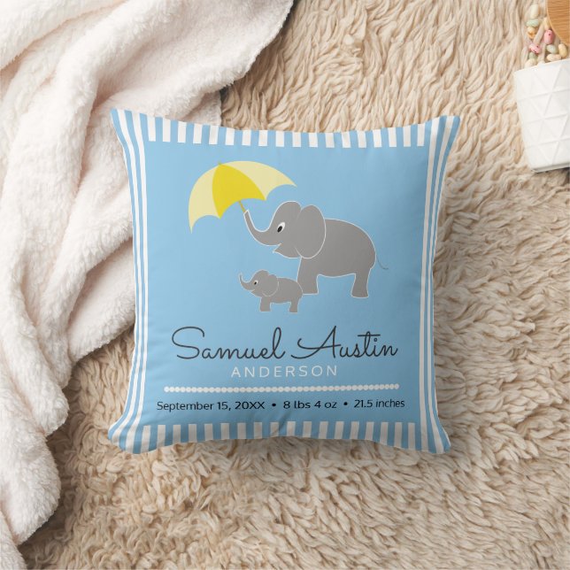 Elephant & Baby & Umbrella Baby Boy Announcement Throw Pillow (Blanket)