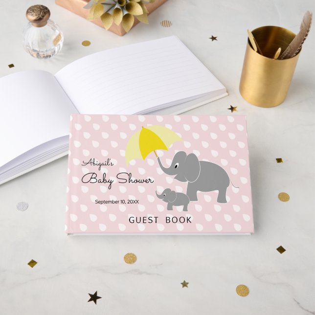 Elephant & Baby Umbrella, Pink Baby Shower Guest Book (Front Open)