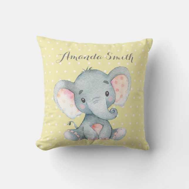 Elephant Baby Yellow and Gray Throw Pillow (Front)