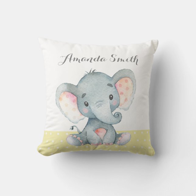 Elephant Baby Yellow and Gray Throw Pillow (Front)
