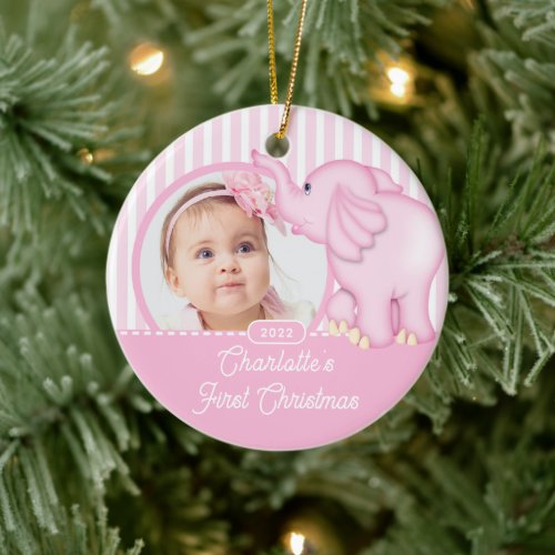 Elephant Babys First Christmas Photo  Ceramic Ornament