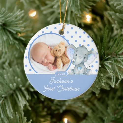 Elephant Babys First Christmas Photo  Ceramic Ornament