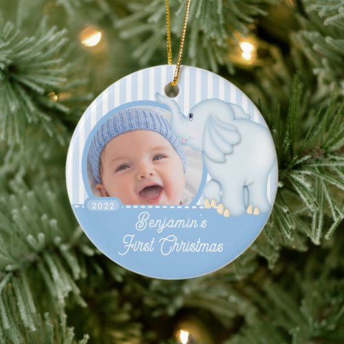 Elephant Babys First Christmas Photo Ceramic Ornament