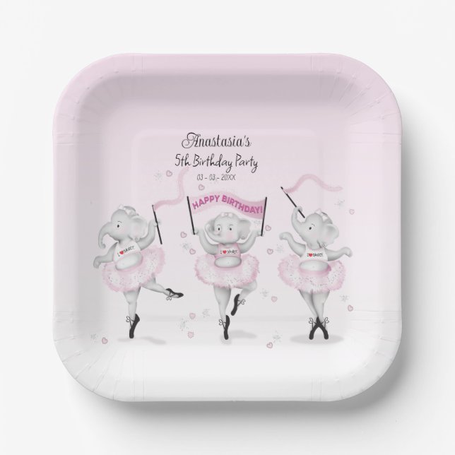 Elephant Ballerina Dance Birthday Paper Plates (Front)