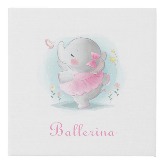 Elephant Ballerina Pink Cute Baby Girl Nursery Faux Canvas Print (Front)