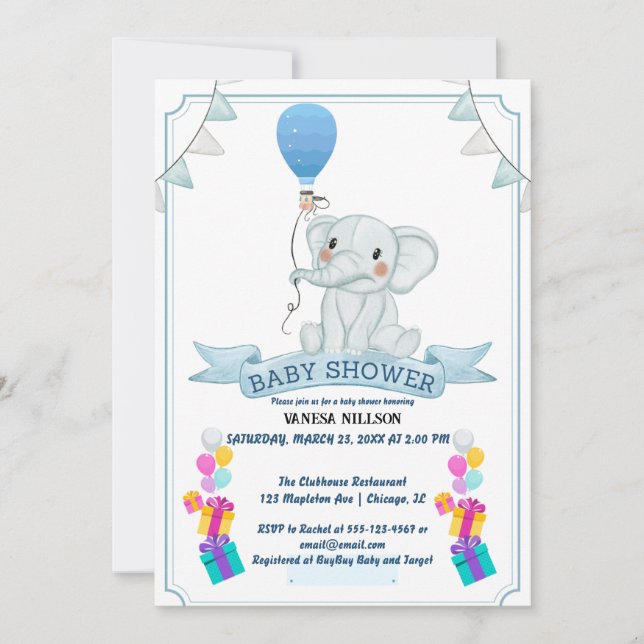 Elephant Balloon Baby Bash Invitation (Front)