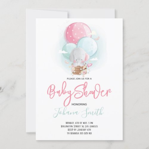 Elephant Balloon Baby Shower Invitation