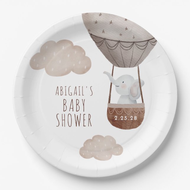 Elephant Balloon Baby Shower Paper Plates (Front)