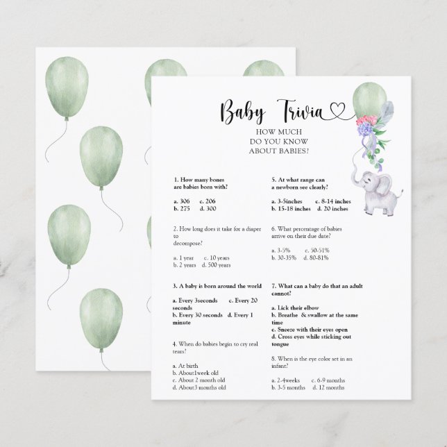 Elephant & Balloon -Baby Trivia | Baby Shower Game (Front/Back)