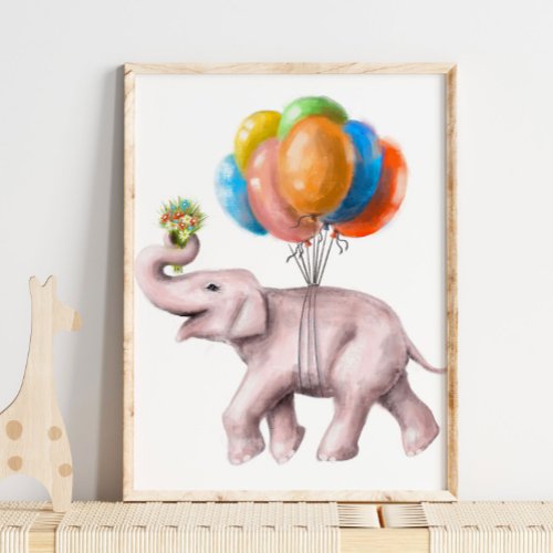 Elephant Balloon Bouquet Print  Watercolor Print
