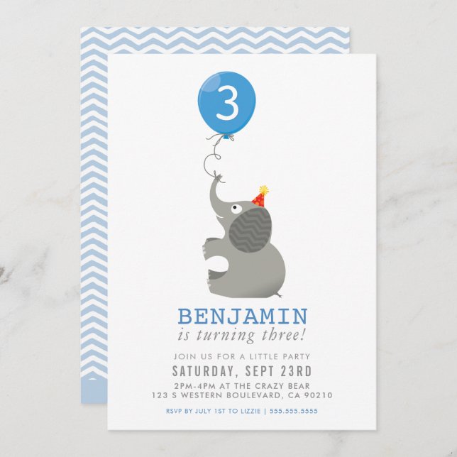 ELEPHANT & BALLOON cute birthday party invite blue (Front/Back)