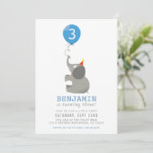 ELEPHANT & BALLOON cute birthday party invite blue (Standing Front)