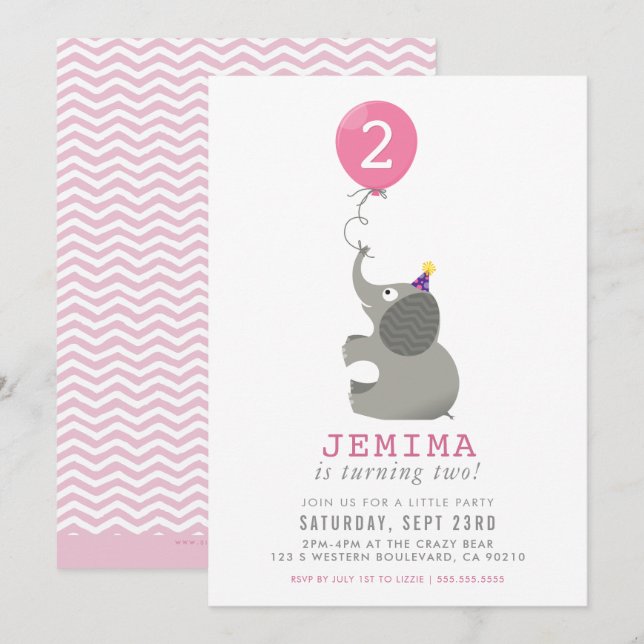 ELEPHANT & BALLOON cute birthday party invite pink (Front/Back)