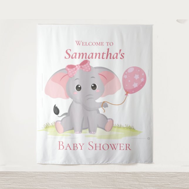  Elephant balloon Girl Baby Shower Backdrop (Front)