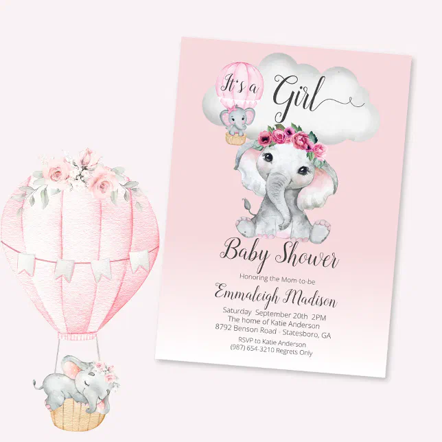 Elephant Balloon Girl Baby Shower | Pink Roses Invitation | Zazzle