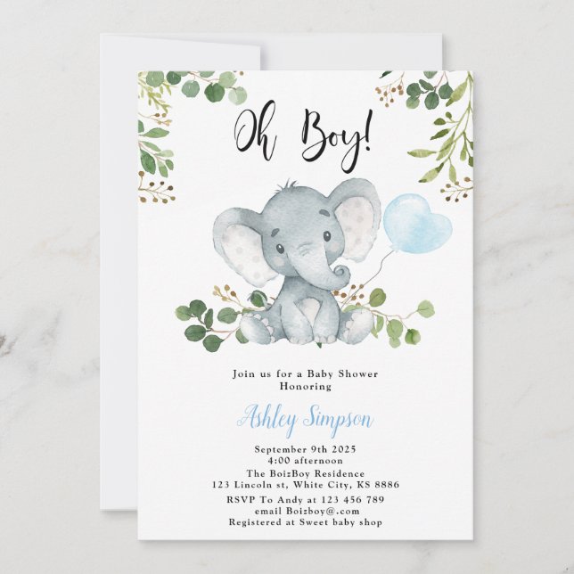 Elephant balloon Oh boy baby shower Invitation (Front)