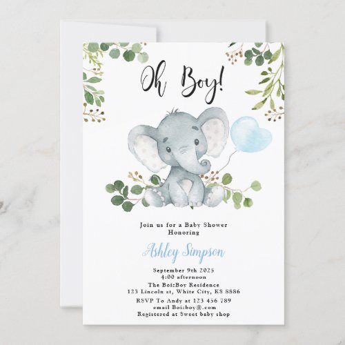 Elephant balloon Oh boy baby shower Invitation