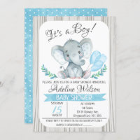 Elephant Balloon Watercolor Baby Shower Invitation