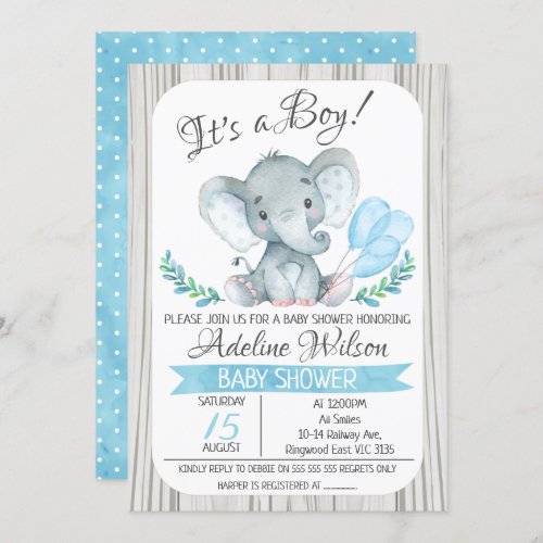 Elephant Balloon Watercolor Baby Shower Invitation - Elephant Balloon Watercolor Baby Shower Invitation

This boy's watercolor elephant baby shower invitation features some a cute elephant, balloons and some foliage on a white watercolor paper background. The border is a drawn wood-grain image.  For more elephant themed baby shower invitations please visit the store.  This watercolor elephant baby shower invitation is ready to be personalized.