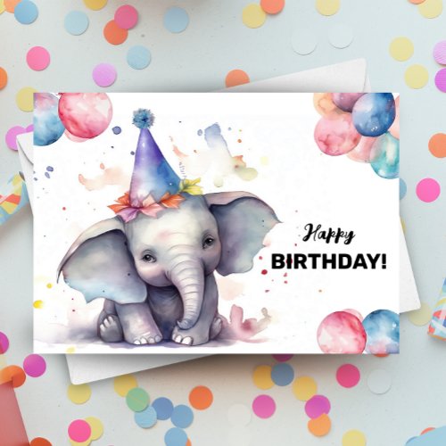 Elephant Balloons and Party Hat Happy Birthday Card