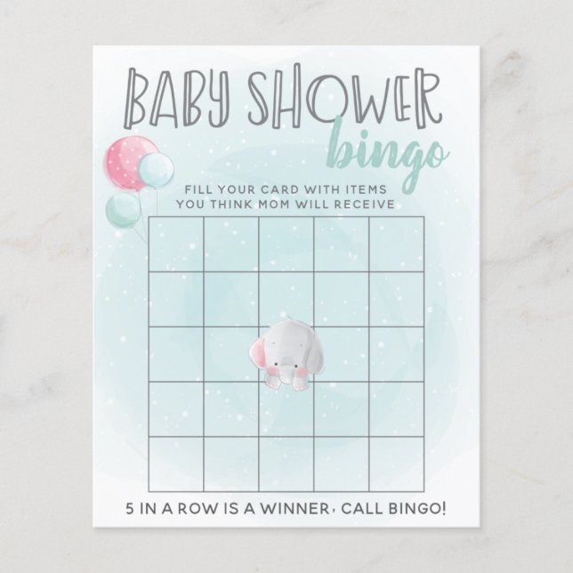Elephant Balloons Baby Shower Bingo Game (Front)