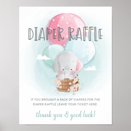 Elephant Balloons Baby Shower Diaper Raffle Sign