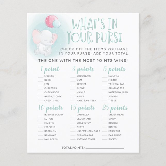 Elephant Balloons Baby Shower Purse Game (Front)