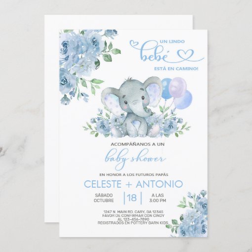 Elephant & balloons boy baby shower invite Spanish | Zazzle