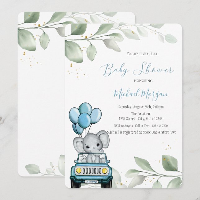 Elephant Balloons Car Leaves Baby Shower Invitation (Front/Back)