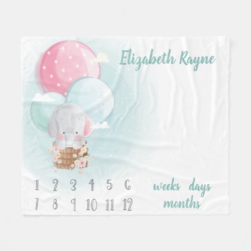 Elephant Balloons Gender Neutral Baby Milestone Fleece Blanket