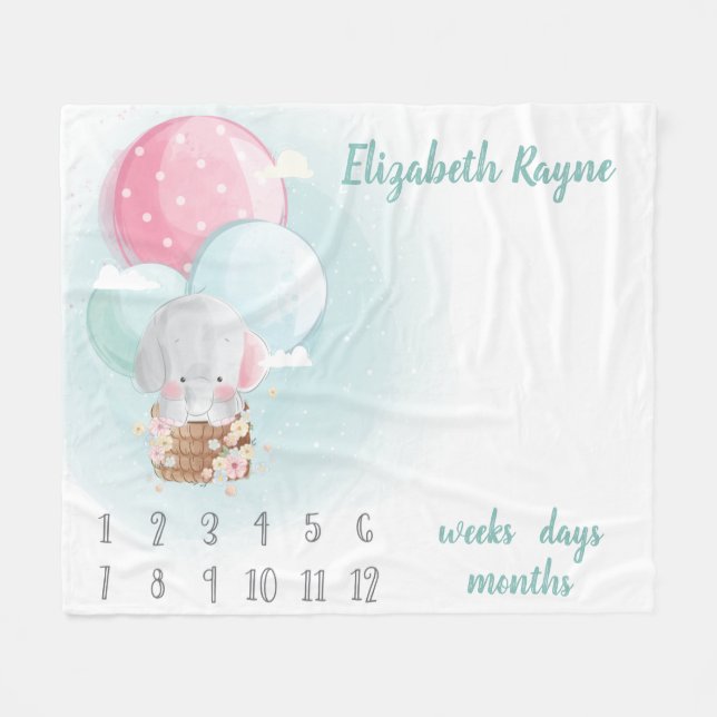 Elephant Balloons Gender Neutral Baby Milestone Fleece Blanket (Front (Horizontal))