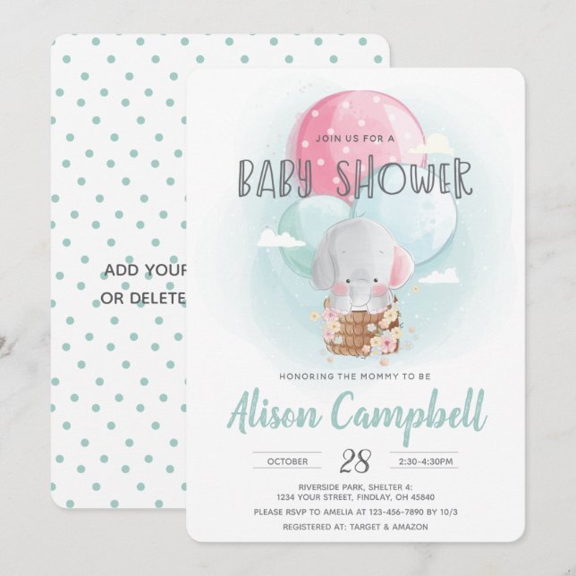 Elephant Balloons Gender Neutral Baby Shower Invitation (Front/Back)