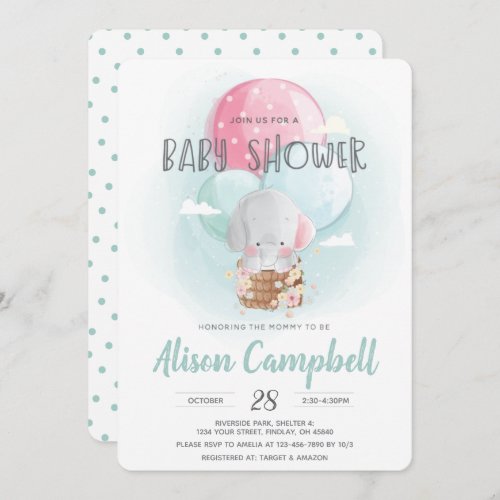 Elephant Balloons Gender Neutral Baby Shower Invitation