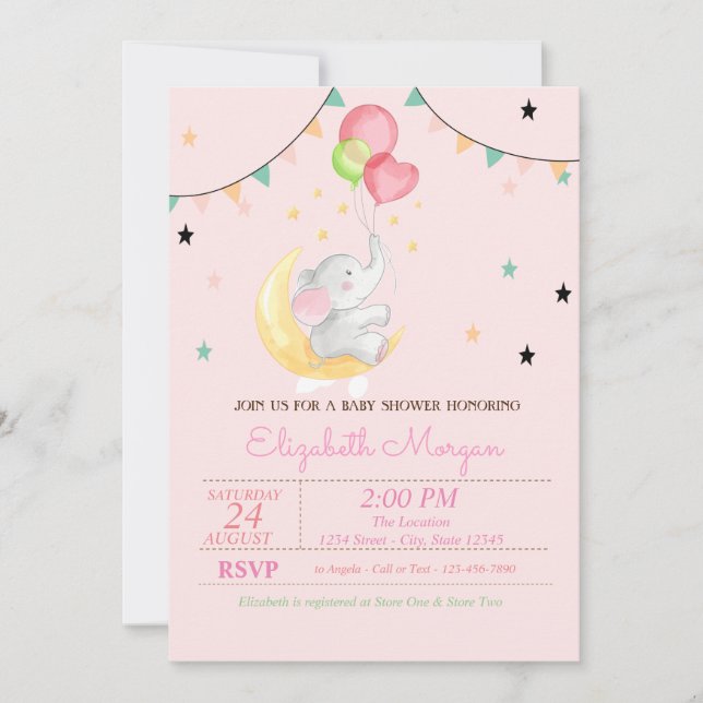 Elephant,Balloons,Moon, Stars Baby Shower Invitation (Front)
