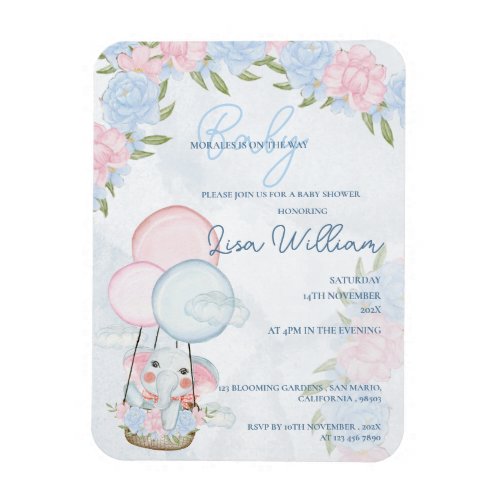  Elephant Balloons Pink Floral Baby Shower Invite Magnet