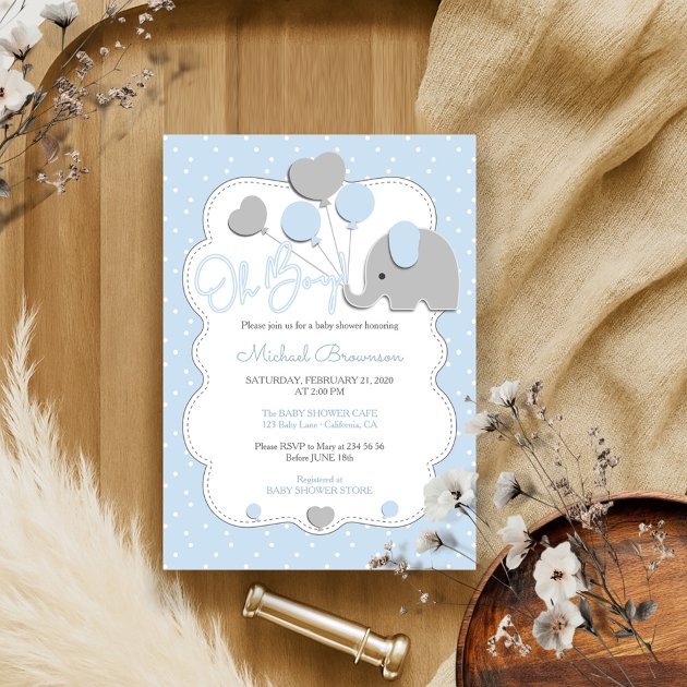 Elephant Balloons Polka Dots Oh Boy Invitation