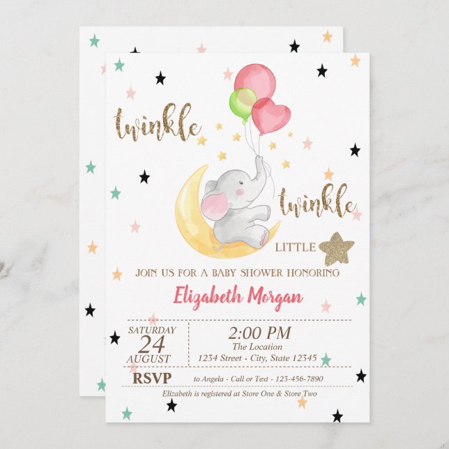 Elephant,Balloons,Twinkle Little Star Baby Shower Invitation (Front/Back)