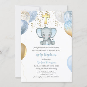 Elephant Balloons Watercolor Baptism Invitation