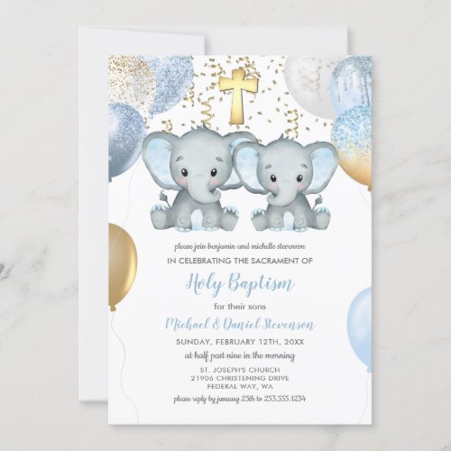 Elephant Balloons Watercolor Baptism Invitation