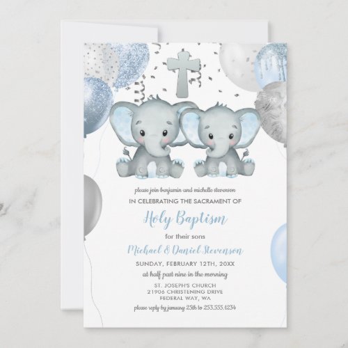 Elephant Balloons Watercolor Baptism Invitation