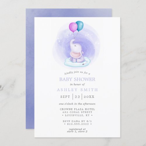 Elephant Balloons Watercolor Whimsical Baby Shower Invitation