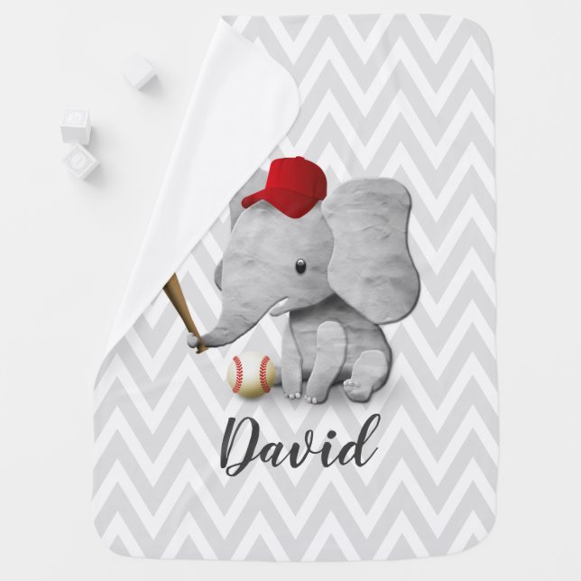 Elephant Baseball Boy Cute Chevron Stripes Baby Blanket (In Situ)