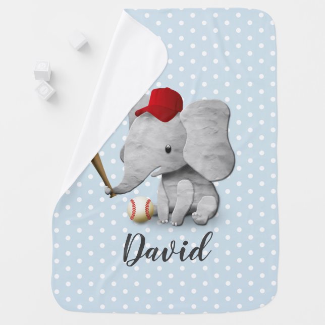 Elephant Baseball Boy Cute Polka Dots Blue Baby Blanket (In Situ)