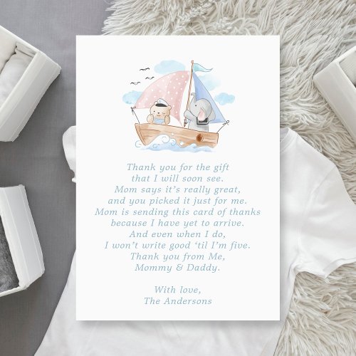 Elephant Bear Boat Baby Shower Thank You Card