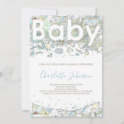 Elephant bear giraffe watercolor blue invitation