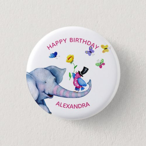 Elephant Bird And Butterflies Button