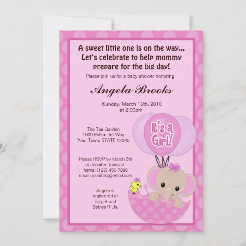 Elephant Birdie Umbrella Baby Shower Invitation