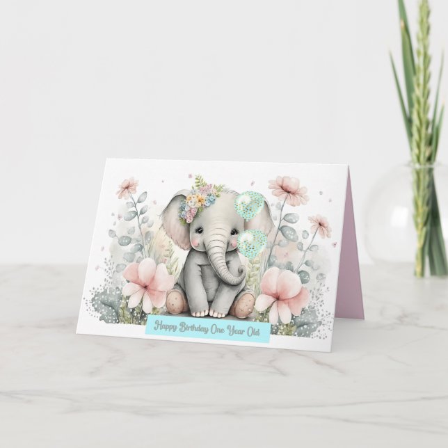 Elephant Birthday Card for One Year Old Child (Front)