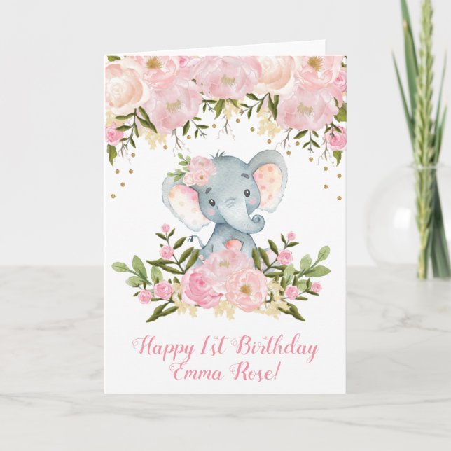 Elephant Birthday Card Pink and Gold Floral (Front)