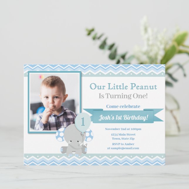 Elephant Birthday Invitation, Boy 1st Birthday Inv Invitation (Standing Front)